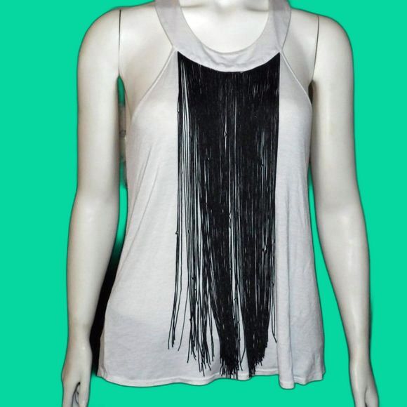 Charlotte Russe Tank Top Cream Colored with Black Fringe Size M Button Neck - Picture 2 of 6